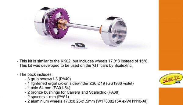 Achse Slot.it Tuning 36Z Ø19mm (Kunststoff/Metall) hinten komplett mit Aluminium-Felgen Ø17,3x8,2x1,5mm für Sidewinder