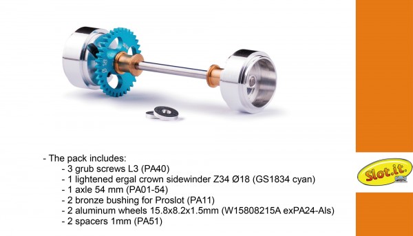 Achse Slot.it Tuning 34Z Ø18mm (Kunststoff/Metall) hinten komplett mit Aluminium-Felgen Ø15,8x8,2x1,5mm für Sidewinder