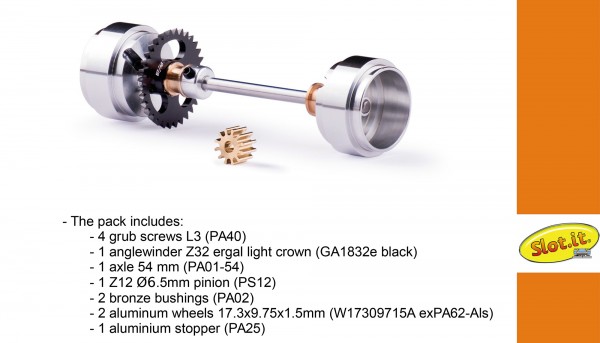 Hinterradachse Slot.it 32Z (Kunststoff/Metall) komplett mit Aluminium-Felgen Ø17,3x9,75x1,5mm für Anglewinder