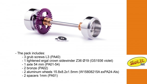 Achse Slot.it Tuning 36Z Ø19mm (Kunststoff/Metall) hinten komplett mit Aluminium-Felgen Ø15,8x8,2x1,5mm für Sidewinder