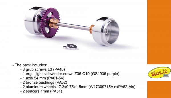 Hinterradachse Slot.it 36Z Ø19mm (Kunststoff/Metall) komplett mit Aluminium-Felgen Ø17,3x9,75x1,5mm für Sidewinder