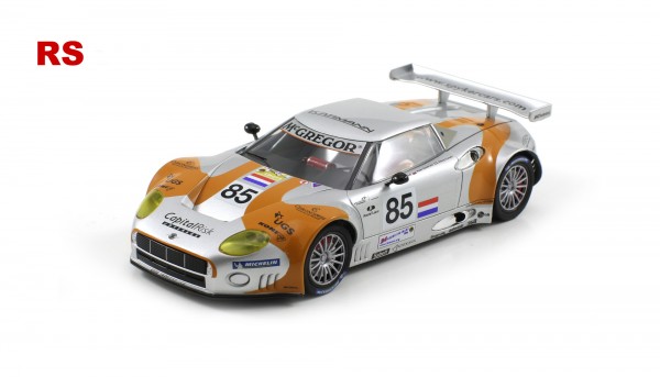 Slotcar 1:32 analog SCALEAUTO Spyker GT2R Le Mans 2006 No. 85 m.Racing RS Supersport 25° Anglewinder-Chassis u.Tuningzubehör