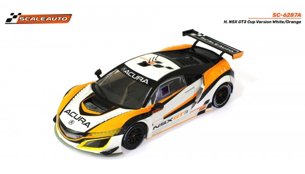 Slotcar 1:32 analog SCALEAUTO NSX GT3 Cup Kit White/Orange m.Racing R T3 Anglewinder-Chassis