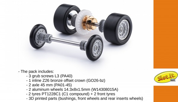 Achse Slot.it 26Z Tuning (Kunststoff/Metall) hinten komplett mit Aluminium-Felgen Ø14,3x8x1,5mm für Inliner