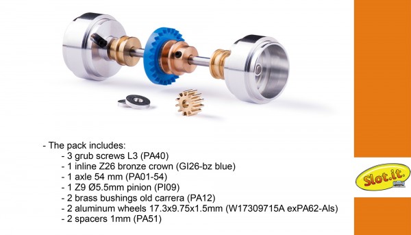 Achse Slot.it Tuning 26Z (Kunststoff/Metall) hinten komplett mit Aluminium-Felgen Ø17,3x9,75x1,5mm für Inliner