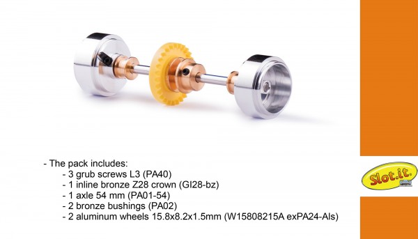 Achse Slot.it Tuning 28Z (Kunststoff/Metall) hinten komplett mit Aluminium-Felgen Ø15,8x8,2x1,5mm für Inliner